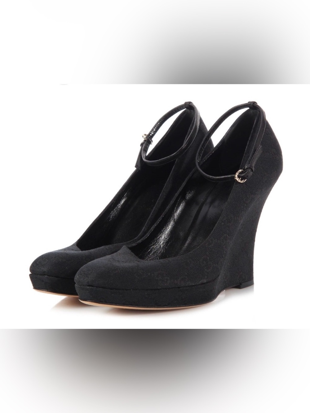 Gucci Black Suede Platform Wedge Pumps Ankle Strap Heels Italy 8.5 B